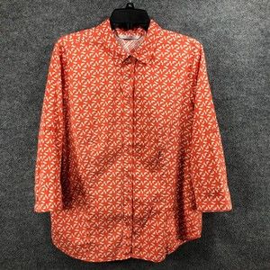 COMO Button Up Women's Size XL Orange White Roll‎ Tab Sleeves V-Neck Collared